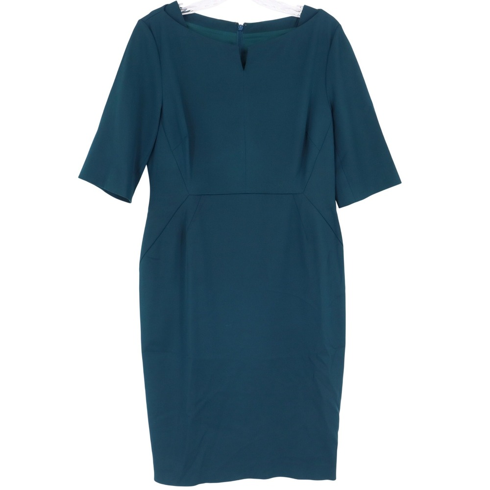 LK Bennett DR Tan Boatneck Sheath Dress Womens Size 8 Teal Green Office Career